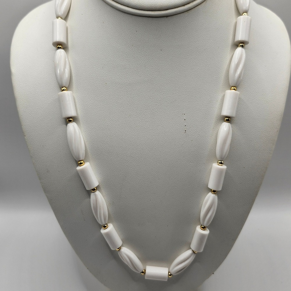 Vintage White Acrylic Beaded Necklace Gold Tone Spacer Accents Barrel Swirl